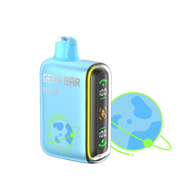 Geek Bar Pulse disposable vape with full smart screen display showing battery and e-liquid indicators Geek Bar Pulse disposable vape with full smart screen display showing battery and e-liquid indicators